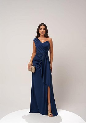 VESTIDO LONGO JERSEY COM ELASTANO UM OMBRO SÓ DETALHE COM FENDA LATERAL AZUL ROYAL