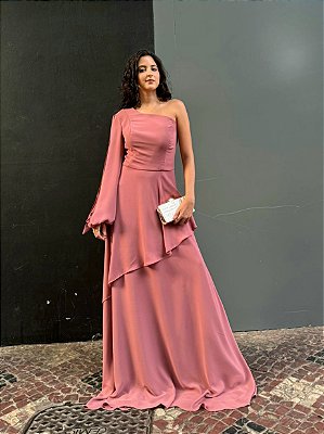 VESTIDO LONGO CREPE DE SEDA UM OMBRO SÓ DE MANGA LONGA SAIA C/BABADO ASSIMÉTRICO ROSA CANELA
