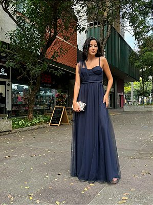 VESTIDO LONGO MICROTULE ALÇA FINA ESTILO CORPETE LAÇO AZUL MARINHO AF