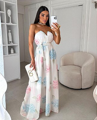 VESTIDO LONGO CHIFFON TOMARA QUE CAIA ESTRUTURADO FUNDO ESTAMPADO
