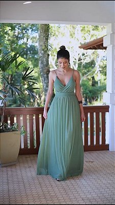 VESTIDO LONGO MICROTULE DE ALCINHA  VERDE OLIVA