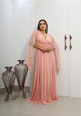 VESTIDO LONGO MICROTULE MANGA CAPA DECOTE TRANSPASSADO ROSE