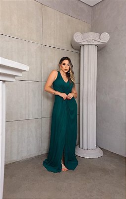 VESTIDO LONGO MICROTULE ALÇA LARGA DETALHE DRAPEADO BUSTO VERDE PETROLEO CA