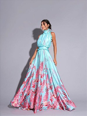 VESTIDO LONGO SEDA FRENTE UNICA GOLA E CINTURA BABADO AZUL FLORAL MB