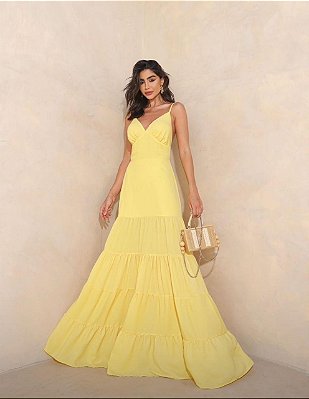 VESTIDO LONGO CREPE BUSTO EM V ALCINHA SAIA CAMADA AMARELO MB