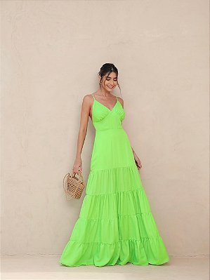 VESTIDO LONGO CREPE BUSTO EM V ALCINHA SAIA CAMADA VERDE MENTA MB
