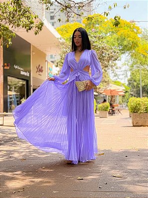VESTIDO LONGO CHIFFON M/L BUSTO V ABERTURA LATERAIS COSTAS VAZADA PLISSADA C/ BABADO LILÁS