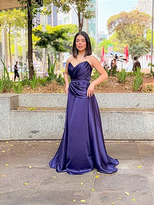 VESTIDO LONGO ACETINADO TOMARA QUE CAIA DRAPEADA COM CAPA NA CINTURA REMOVÍVEL AZUL MARINHO