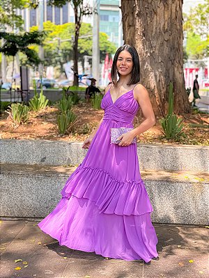 VESTIDO LONGO CHIFFON DECOTE V E CINTURA DRAPEADA SAIA BABADO LILÁS