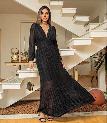 VESTIDO LONGO CHIFFON MANGA LONGA DECOTE V PRETO COM LISTRAS EM BRILHO