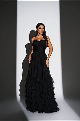 VESTIDO LONGO MICROTULE C/ GLITTER TOMARA QUE CAIA COM AMARRAÇÃO SAIA COM BABADOS PRETO