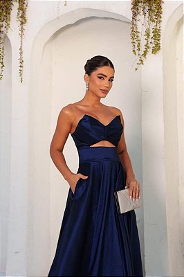 VESTIDO LONGO ZIBELINE TOMARA QUE CAIA DRAPEADO E RECORTE NO BUSTO COM FENDA AZUL MARINHO