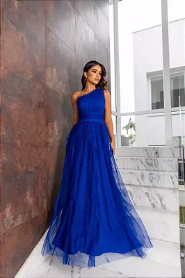 VESTIDO LONGO MICROTULE UM OMBRO SÓ COM DETALHE DRAPEADO NA CINTURA SAIA BABADO VERTICAL AZUL ROYAL