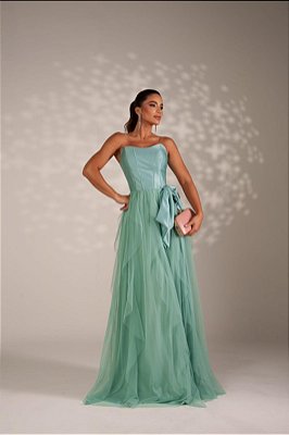VESTIDO LONGO TOMARA QUE CAIA CORPETE E LAÇO ACETINADO SAIA MICROTULE BABADOS VERTICAIS VERDE TIFFANY
