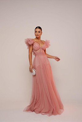 VESTIDO LONGO MICROTULE ESTILO CORPETE COM ALÇA BUFANTE ROSÊ