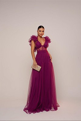 VESTIDO LONGO MICROTULE ESTILO CORPETE COM ALÇA BUFANTE FUCSIA