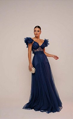 VESTIDO LONGO MICROTULE ESTILO CORPETE COM ALÇA BUFANTE AZUL MARINHO