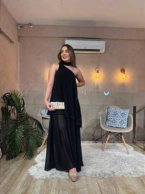 VESTIDO LONGO CHIFON COM TOQUE DE SEDA OMBRO SÓ COM DETALHE PESCOÇO CAM PRETO
