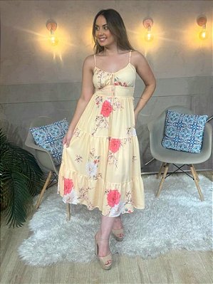 VESTIDO MIDI FLUIDO BABADO DECOTE V GOTA AMARRADA E ALCINHA CAM AMARELO FLORAL