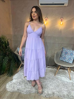 VESTIDO MIDI FLUIDO BABADO DECOTE V COM DETALHE SAIA BABADO FLUIDO LILÁS