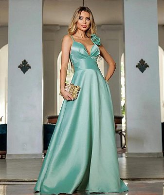 VESTIDO LONGO ZIBELINE DECOTE V ALCINHA COM FLOR REMOVÍVEL VERDE MENTA