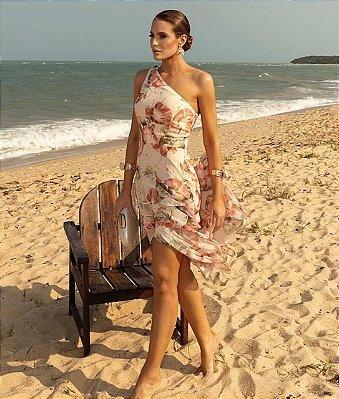 VESTIDO LONGO CHIFFON FLORAL UM OMBRO SÓ SAIA MULLET COM BABADOS FUNDO CORAL