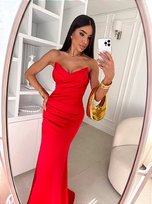VESTIDO LONGO PRADA COM ELASTANO TOMARA QUE CAIA DECOTE V DRAPEADO E FENDA CORAL