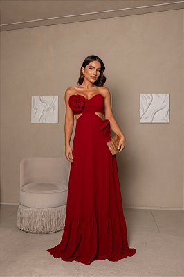 VESTIDO LONGO CHIFFON TAMARA QUE CAIA COM FLOR MARSALA RECORTE LATERAL JML