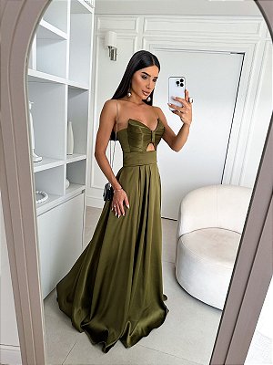 VESTIDO LONGO PRADA TOMARA QUE CAIA DRAPEADO E RECORTE NO BUSTO COM FENDA VERDE OLIVA
