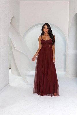VESTIDO LONGO MICROTULE ESTILO CORPET DETALHE TRANCINHA CINTURA PINK