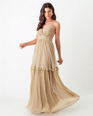VESTIDO LONGO LUREX COSTA NUA E BABADO SAIA BN DOURADO