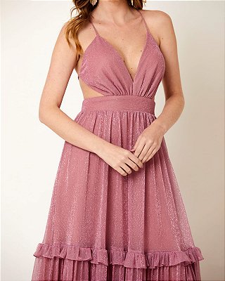 VESTIDO LONGO LUREX COSTA NUA E BABADO SAIA BN ROSE