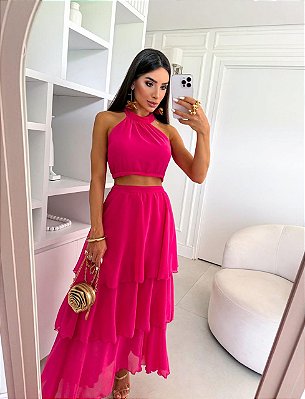 CONJUNTO CHIFON SAIA BABADO E CROPED GOLA ALTA JML PINK