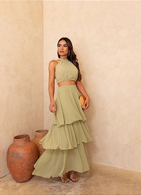 CONJUNTO CHIFON SAIA BABADO E CROPED GOLA ALTA JML VERDE OLIVA