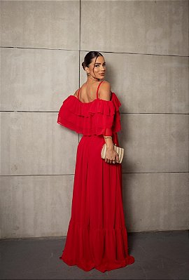 VESTIDO LONGO CHIFON BABADOS BUSTO MEIA MANGA E ALÇA FINA JML VERMELHO