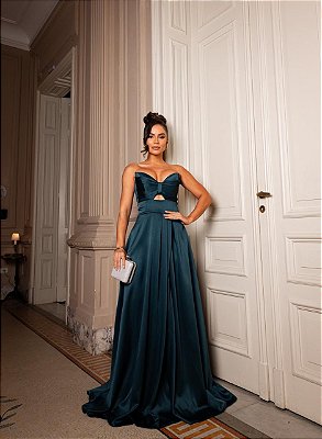 VESTIDO LONGO PRADA TOMARA QUE CAIA DRAPEADO E RECORTE NO BUSTO COM FENDA VERDE PETROLEO