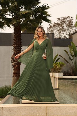 VESTIDO PLISSADO COSTA NUA COM CAPA PLISSADA VERDE OLIVA