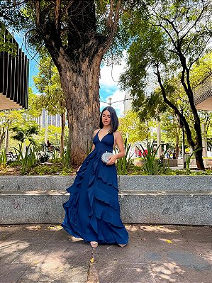 VESTIDO LONGO CHIFFON DECOTE V ALCINHA AMARRAÇÃO SAIA BABADOS AZUL MARINHO