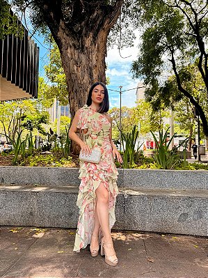 VESTIDO LONGO CHIFFON FLORAL UM OMBRO SÓ SAIA MULLET COM BABADOS FUNDO VERDE
