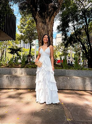 VESTIDO LONGO CHIFFON DECOTE V ALCINHA AMARRAÇÃO SAIA BABADOS BRANCO