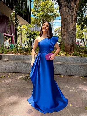 VESTIDO LONGO ZIBELINE UM OMBRO SÓ E FENDA COM BABADO AZUL ROYAL