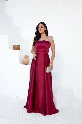 VESTIDO LONGO ZIBELINE TOMARA QUE CAIA FAIXA ACINTURADA E FENDA MARSALA