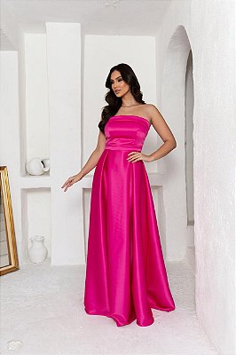VESTIDO LONGO ZIBELINE TOMARA QUE CAIA FAIXA ACINTURADA E FENDA FUCSIA