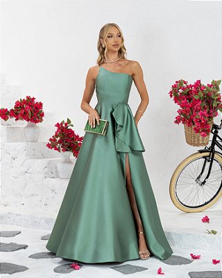 VESTIDO LONGO ZIBELINE UM OMBRO SÓ ALÇA FINA FAIXA DRAPEADA E BABADO NA CINTURA VERDE MENTA