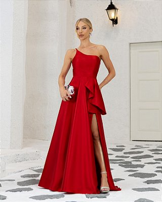 VESTIDO LONGO ZIBELINE UM OMBRO SÓ ALÇA FINA FAIXA DRAPEADA E BABADO NA CINTURA VERMELHO