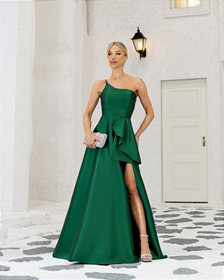 VESTIDO LONGO ZIBELINE UM OMBRO SÓ ALÇA FINA FAIXA DRAPEADA E BABADO NA CINTURA VERDE BANDEIRA