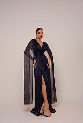 VESTIDO LONGO LUREX DECOTE V COM CAPA PALA CINTURA AZUL MARINHO