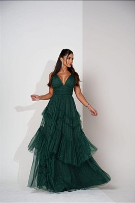 VESTIDO LONGO MICROTULE  COM BRILHO ALÇA FINA SAIA COM BABADO EM CAMADAS VERDE ESCURO