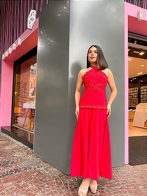 VESTIDO NEW MIDI LINHO FRENTE ÚNICA DETALHES EM RENDA VERMELHO
