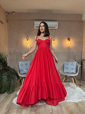 VESTIDO LONGO LINHO BUSTO MARCADO ALCINHA AMARRAÇÃO VERMELHO